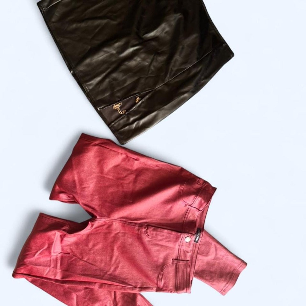 Windsor Black Faux Leather Chain Skirt & Fashion Nova Red Coated Pants Bundle